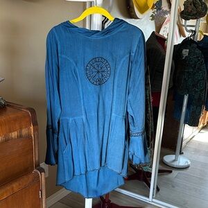 Holy Clothing Blue Hooded Tunic with Embroidered Back Motif